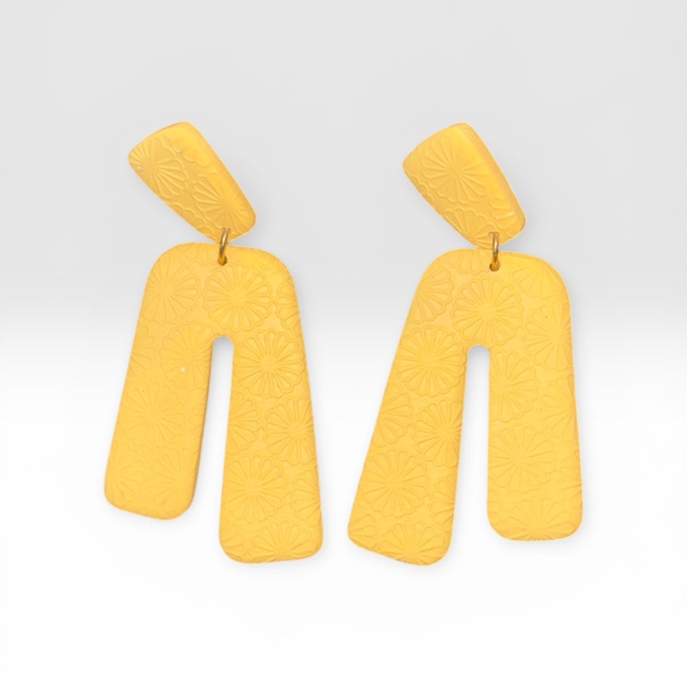 Yellow Floral Textured Statement Dangle Earrings